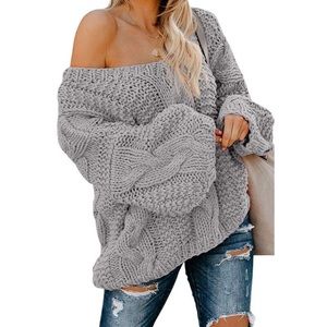 Chunky knit, off the shoulder, grey sweater.